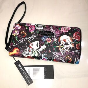 Ed Hardy Black Multicolor ZA Wallet With Roses & Cowboy Skull Tattoo Print NWT